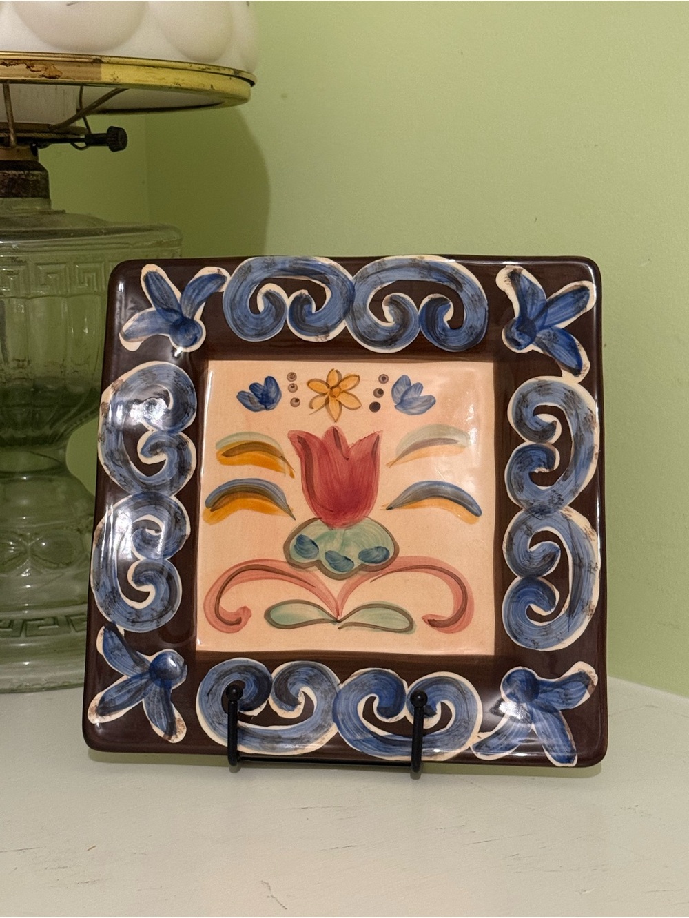 Hand-Painted Floral Ceramic Wall Plate - Blue, Red, Peach